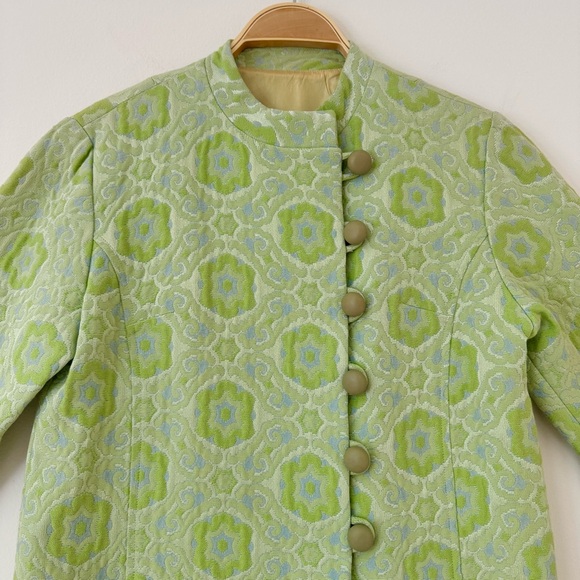 Vintage 1960s Mad Men Green Jacquard Patterned Brocade Coat, Size S - Picture 5 of 16